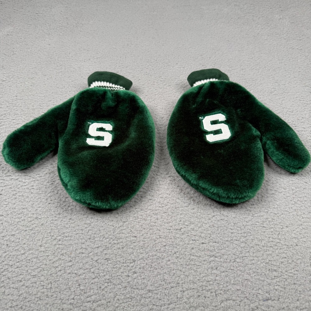 Michigan State Spartans Mittens Green Fuzzy Plush Fleece Lined NCAA Fan Gear - Picture 10 of 11